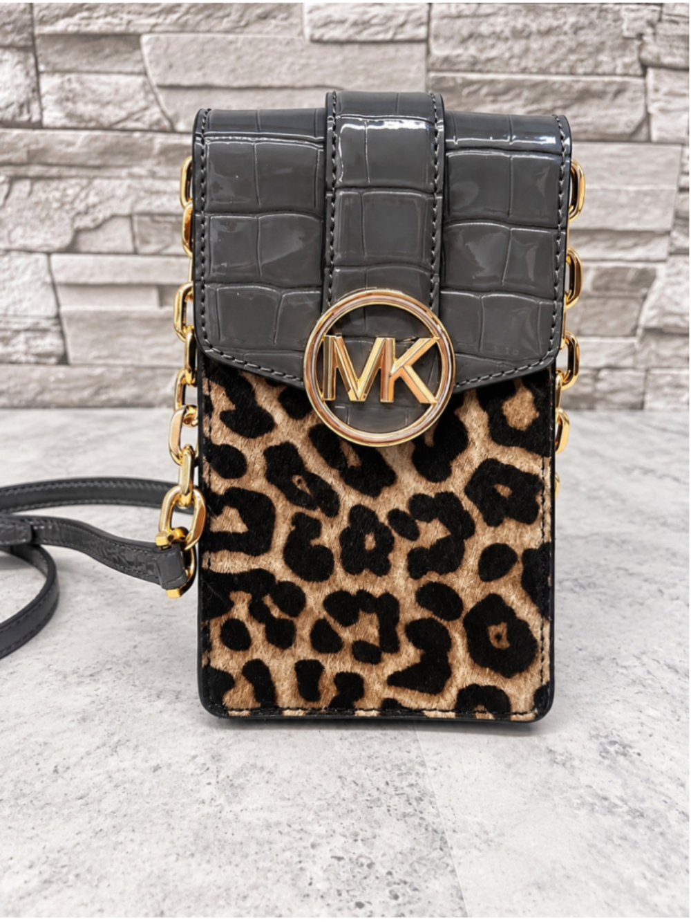 Michael Kors Carmen Phone Crossbody Heather Gray Cheetah Calf Hair Chain Strap